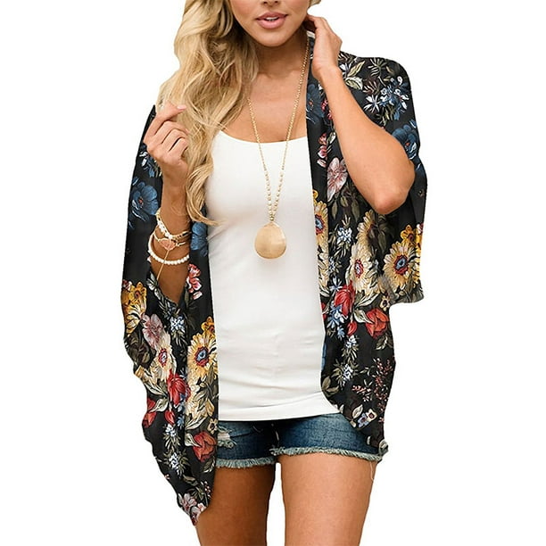 Womens Open Front Cardigans Floral Printed Summer Sun Smock Beach Holiday Jacket